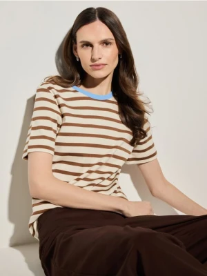 Mohito - T-shirt z merceryzowanej bawełny w paski - brązowy