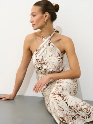 Mohito - Wzorzysta sukienka midi z wiązaniem na szyi - brązowy