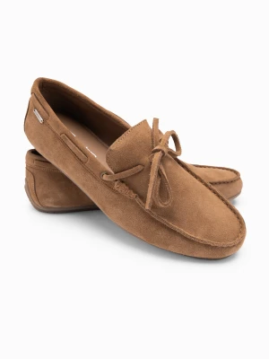 Mokasyny buty męskie skórzane z rzemykiem i podeszwą driver - brązowe V3 Ombre Clothing