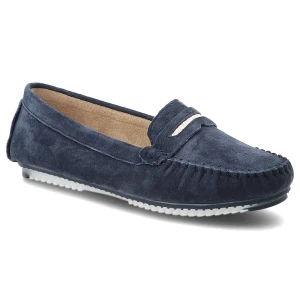 Mokasyny damskie S.Barski, cholewka ze skóry naturalnej zamszowej wsuwany fason z ozdobnym paskiem, granatowe, LR61-7029