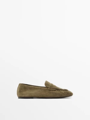 Mokasyny Z Miękkiej Skóry Zamszowej - Khaki - - Massimo Dutti - Kobieta