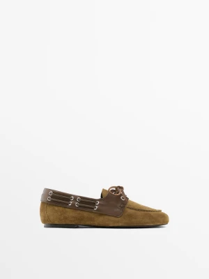 Mokasyny Żeglarskie Ze Skóry Łączonej - Wielbłądzi - - Massimo Dutti - Kobieta