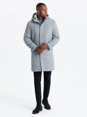 Monochromatyczny długi męski płaszcz z kapturem – szary melanż V1 - Rozmiar: L Ombre Clothing