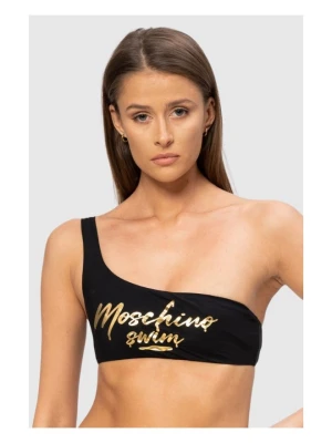 MOSCHINO Asymetryczna góra od bikini ze złotym logo, Rozmiar XS