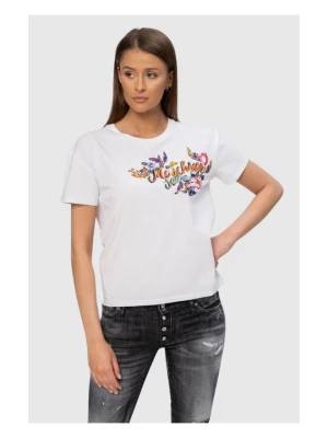 MOSCHINO Biały t-shirt damski z logo i kwiatami, Rozmiar XS