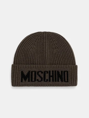 Moschino czapka męska z dodatkiem wełny zielony