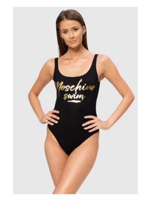 MOSCHINO Czarny jednoczęściowy strój kąpielowy ze złotym logo, Rozmiar XS