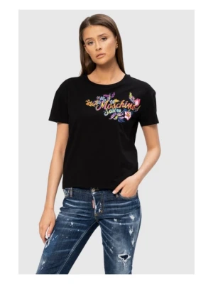 MOSCHINO Czarny t-shirt damski z logo i kwiatami, Rozmiar XS