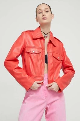 Moschino Jeans kurtka skórzana damska kolor czerwony przejściowa