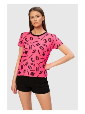 MOSCHINO Różowy t-shirt damski w czarne litery, Rozmiar S