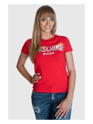 MOSCHINO T-shirt damski czerwony z nadrukiem logo i misia, Rozmiar XS