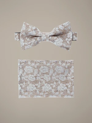 Mucha Beżowo-Biała Plus Poszetka w Kwiaty Lancerto