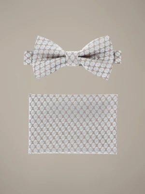 Mucha Beżowo-Biała Plus Poszetka Wzór Lancerto