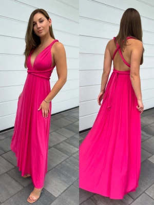 Elegant długa różowa sukienka wiązana na kilka sposobów PERFE