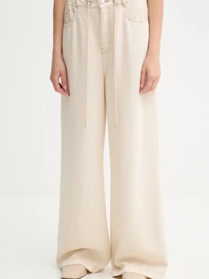 MUNTHE spodnie OBEY damskie kolor beżowy szerokie high waist 252141525206
