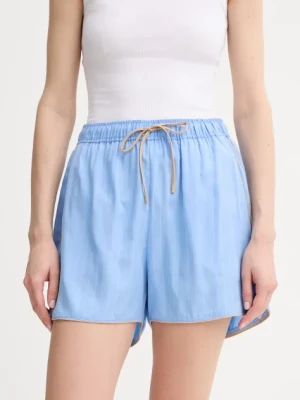 MUNTHE szorty z domieszką lnu UPPI damskie kolor niebieski wzorzyste high waist 255140625523