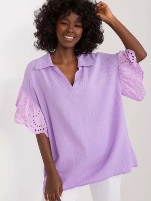 Muślinowa bluzka damska z haftowanym rękawem - fioletowa Italy Moda
