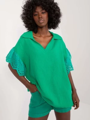 Muślinowa bluzka damska z haftowanym rękawem - zielona Italy Moda