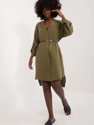 Muślinowa sukienka damska khaki z paskiem Italy Moda
