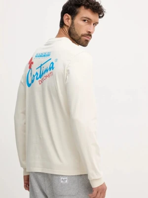 Napapijri longsleeve bawełniany S-Fiemme kolor beżowy z nadrukiem NP0A8947N1J1