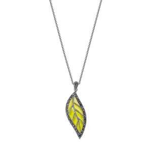 Naszyjnik srebrny z markazytami i emalią - liść - Markazyty Markazyty - Biżuteria YES