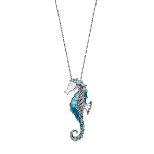 Naszyjnik srebrny z markazytami pokryty niebieską emalią - konik morski - Markazyty Markazyty - Biżuteria YES