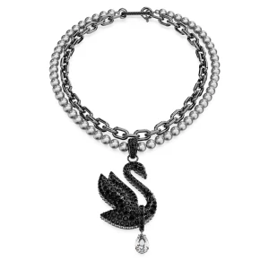 Naszyjnik typu choker i broszka Swan, Kryształowa Perła, Łabędź, Czarne, Powłoka z rutenu Swarovski