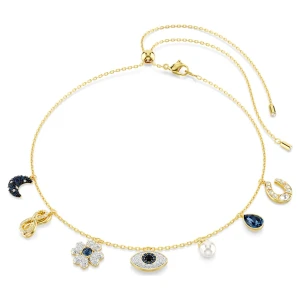 Naszyjnik typu choker Symbolica, Kryształowa Perła, Księżyc, nieskończoność, koniczyna, złe oko i podkowa, Niebieski, Powłoka w odcieniu złota Swarovski