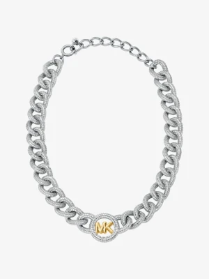 Naszyjnik z łańcuchowymi ogniwami z logo i z kryształkami pavé Michael Kors DWA KOLORY (Srebrny)