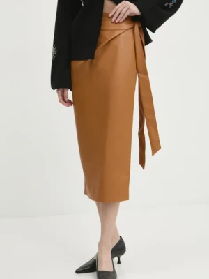 Never Fully Dressed spódnica Vegan Leather Jaspre Skirt kolor brązowy midi ołówkowa NFDSK473