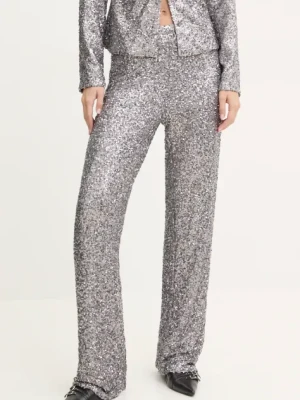 Never Fully Dressed spodnie Gunmeal Sequin Freddie Trousers damskie kolor srebrny proste high waist NFDTR356