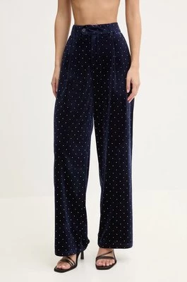 Never Fully Dressed spodnie welurowe Arden Trousers kolor granatowy proste high waist NFDTR382