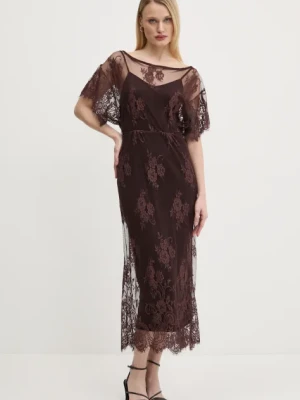 Never Fully Dressed sukienka Lace Tilly kolor brązowy midi prosta NFDDR1853