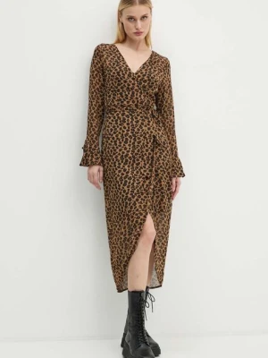 Zdjęcie produktu Never Fully Dressed sukienka Leopard Sheer Wrap Dress kolor brązowy midi rozkloszowana NL28459