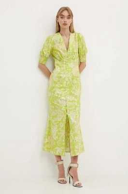 Never Fully Dressed sukienka z domieszką lnu Lindos kolor zielony maxi rozkloszowana NFDDR1310
