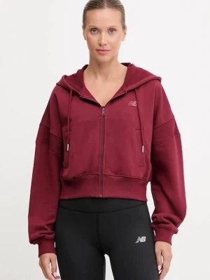 New Balance bluza bawełniana damska kolor bordowy z kapturem gładka WJ51506MHB