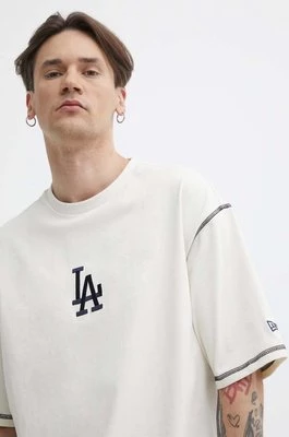 New Era t-shirt bawełniany męski kolor beżowy z nadrukiem LOS ANGELES DODGERS