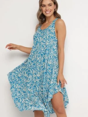 Niebieska Asymetryczna Sukienka Bawełniana w Ornamentalny Wzór Natialira defox