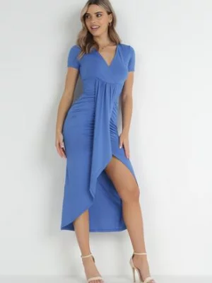 Niebieska Asymetryczna Sukienka Kopertowa z Marszczeniami Adephelia