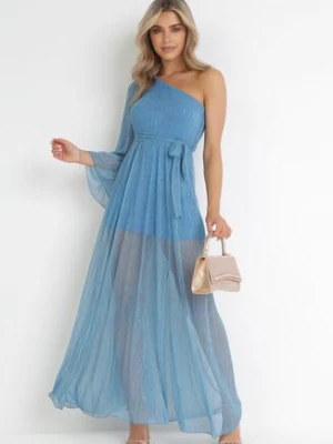 Niebieska Asymetryczna Sukienka Maxi na Jedno Ramię Wiązana w Pasie Lilini