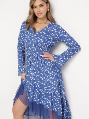 Niebieska Asymetryczna Sukienka Midi Rozkloszowana z Siateczką Tivora ann gissy