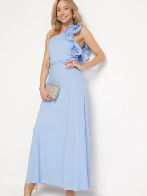 Niebieska Asymetryczna Sukienka o Rozkloszowanym Fasonie z Ozdobnymi Falbankami przy Ramionach Virama allyson