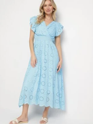 Niebieska Ażurowa Sukienka z Kopertowym Dekoltem i Bufiastymi Rękawami Ldivane wei wei