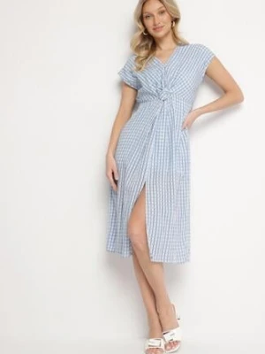 Niebieska Ażurowa Sukienka z Wiskozą Ozdobiona Marszczeniem Nelsedi rosa