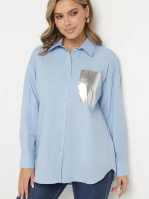 Niebieska Bawełniana Koszula z Metalicznym Nadrukiem Imitującym Kieszeń Nencilla miss poem