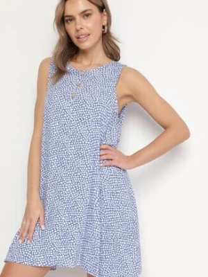 Niebieska Bawełniana Rozkloszowana Sukienka Ozdobiona Kwiatami i Guzikami Lisavella defox