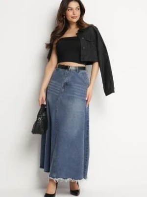 Niebieska Bawełniana Spódnica Jeansowa Trapezowa ze Strzępieniami i Paskiem Loraithen elsa.m by may