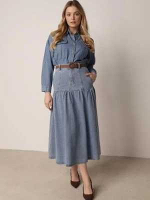 Niebieska Bawełniana Spódnica Jeansowa z Rozkloszowanym Dołem i Plecionym Paskiem Doriame elsa.m by may