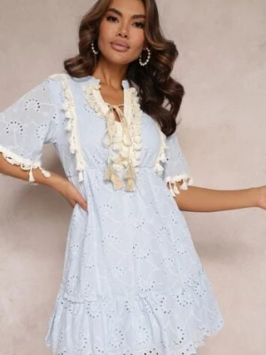 Zdjęcie produktu Niebieska Bawełniana Sukienka Boho z Haftem i Sznureczkami Ladora