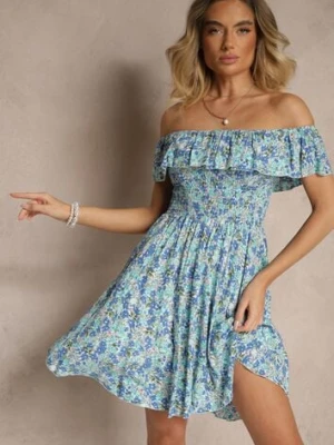 Niebieska Bawełniana Sukienka Hiszpanka w Kwiaty z Falbankami Nairavie defox